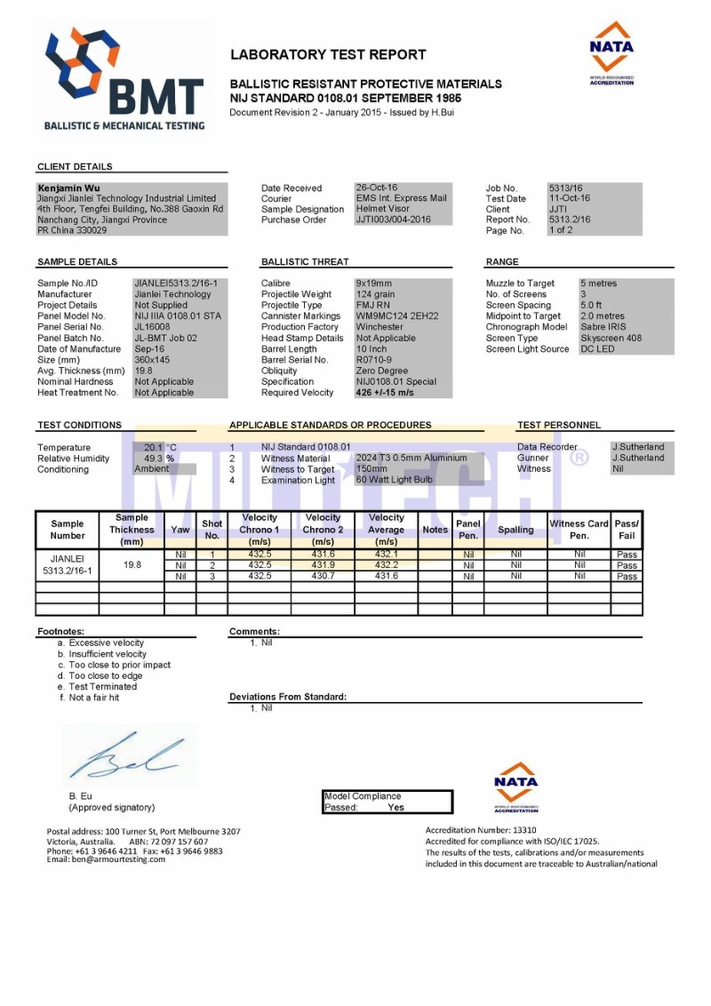 Ballistic Visor BMT NIJ IIIA 0108.01 Test Report 1